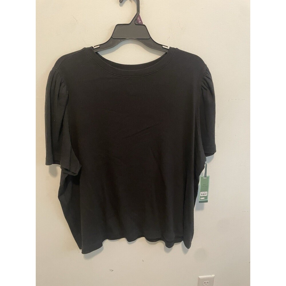 Terra & Sky Women’s 4X Plus Black Knit Crew Neck Short Puff Sleeve Top